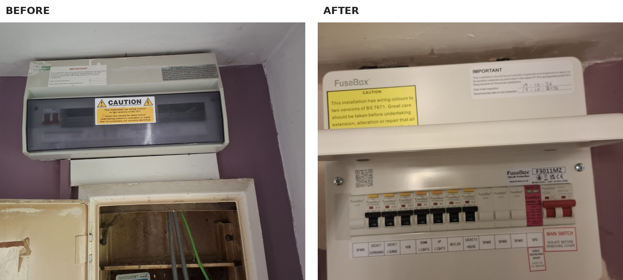 Before and after a Chetwynd Electrical consumer unit replacement